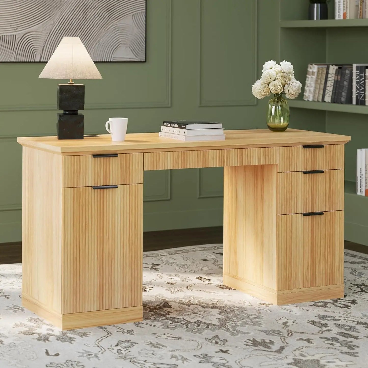 ZHUOTING Fluted Modern Executive Desk With File Cabinet Drawers
