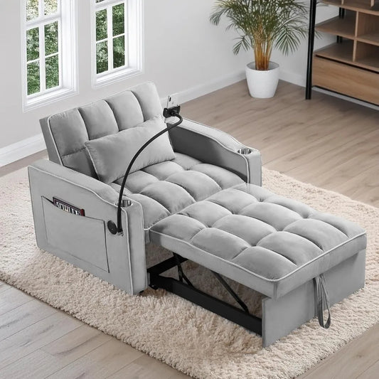 3 in 1 Convertible Sleeper Chair Bed with USB Ports, Cup Holder and Phone Stand, Velvet Pull Out Futon Sofa Beds, Adjustable Bac