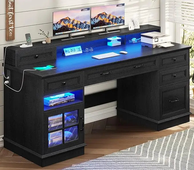 Farmhouse Executive Desk With File Drawers And Charging Station