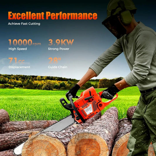 71cc 2-Cycle Gas Powered Chainsaw, 28" Guide Bar, Professional Wood & Tree Cutting Tool with Anti-Vibration Handle, Easy Start,
