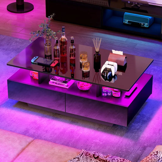 LED Coffee Table with Storage Modern Black Rectangle Table for Living Room High Gloss Finish