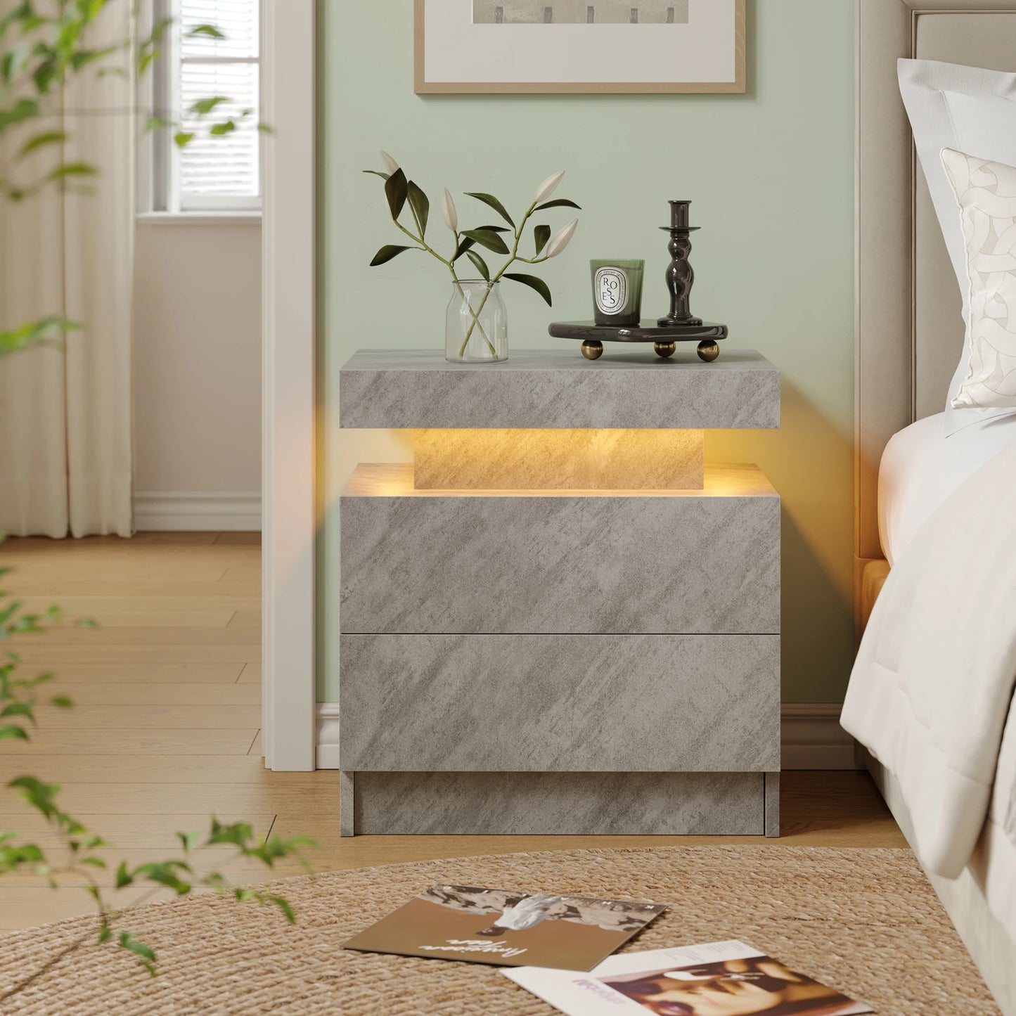 Cubehom LED Nightstand With 2 Drawers For Bedroom Furniture