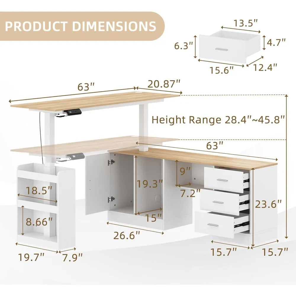 HUANZHUANG Electric Standing Desk With Drawers L Shaped Computer Desk