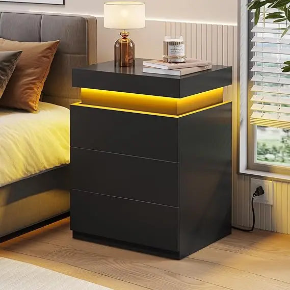 Modern Nightstand With Charging Station And LED Lights
