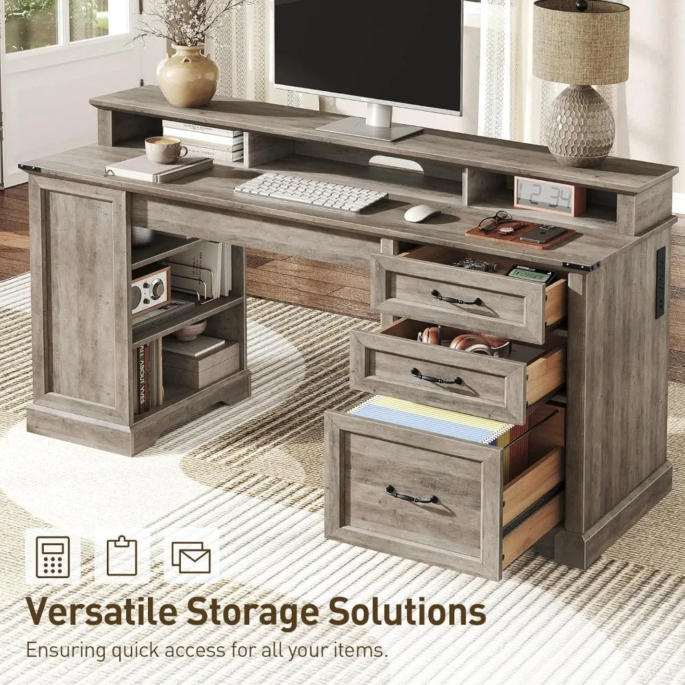 ANGDUO Farmhouse Executive Desk With Drawers And File Cabinet
