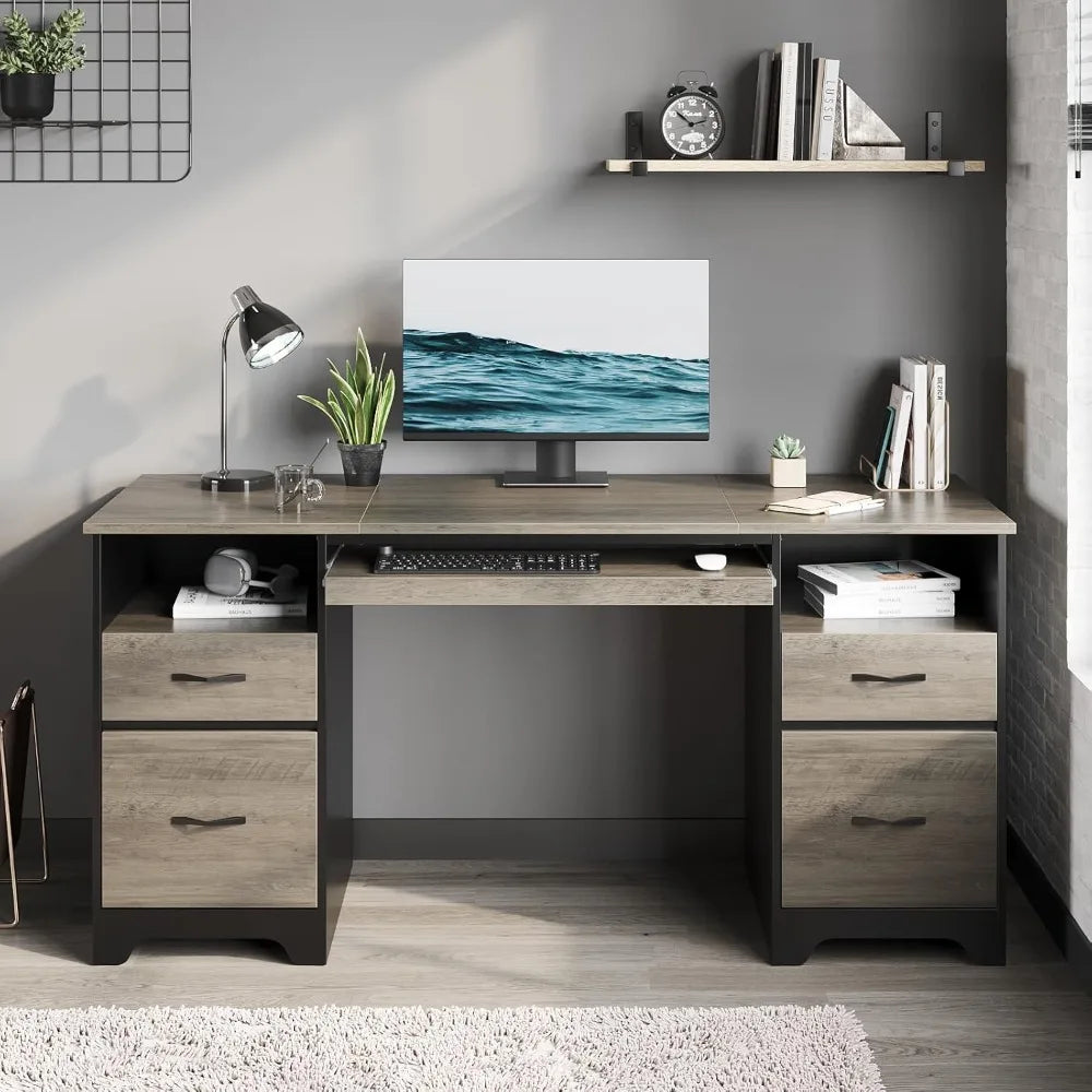 Modern Industrial Desk With File Drawers And Keyboard Tray