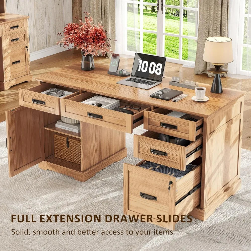 RBXC Farmhouse Style Desk With Drawers And File Cabinet