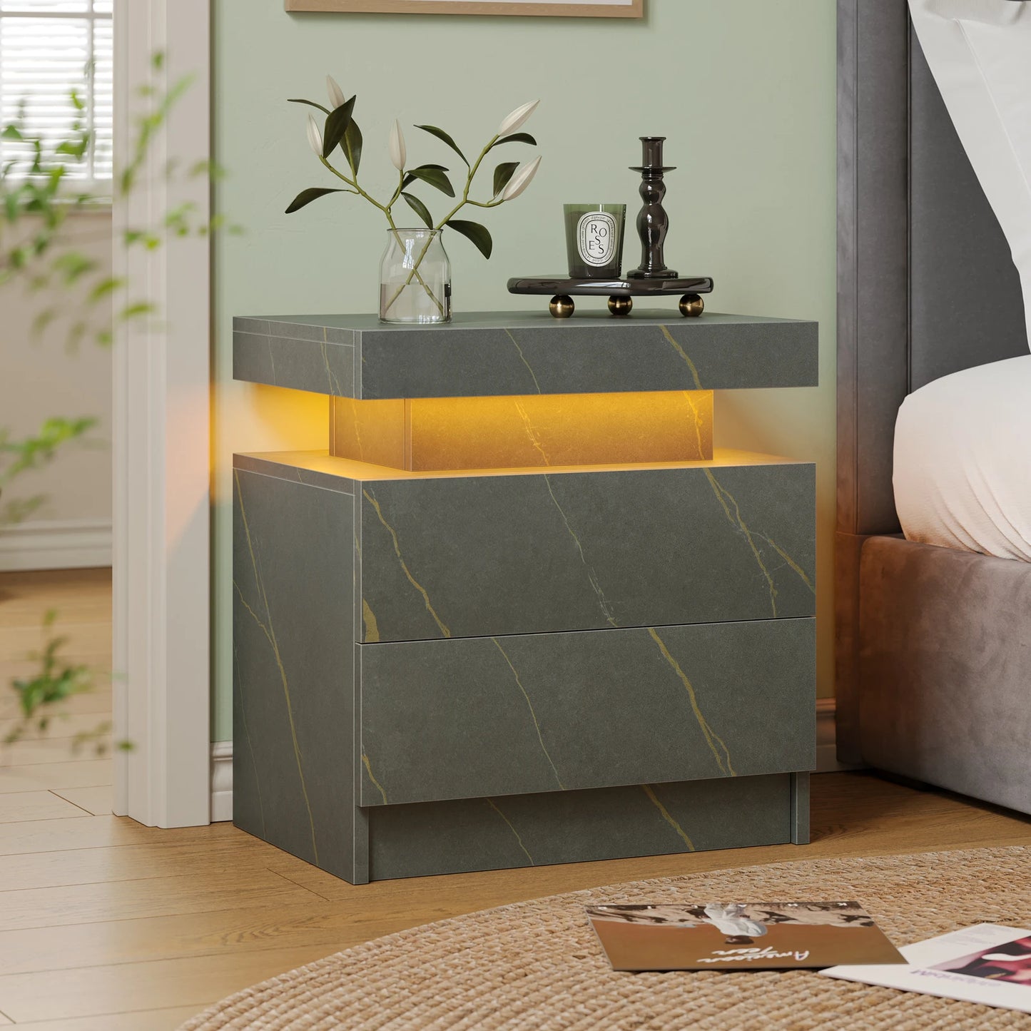 Cubehom LED Nightstand With 2 Drawers For Bedroom Furniture