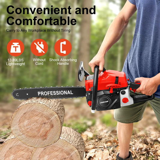 Gasoline Chain Saw, 58cc 2-Stroke Engine, 20-Inch Chain, 3.6HP, High Efficiency, Lightweight Design, Ergonomic Handle for Easy
