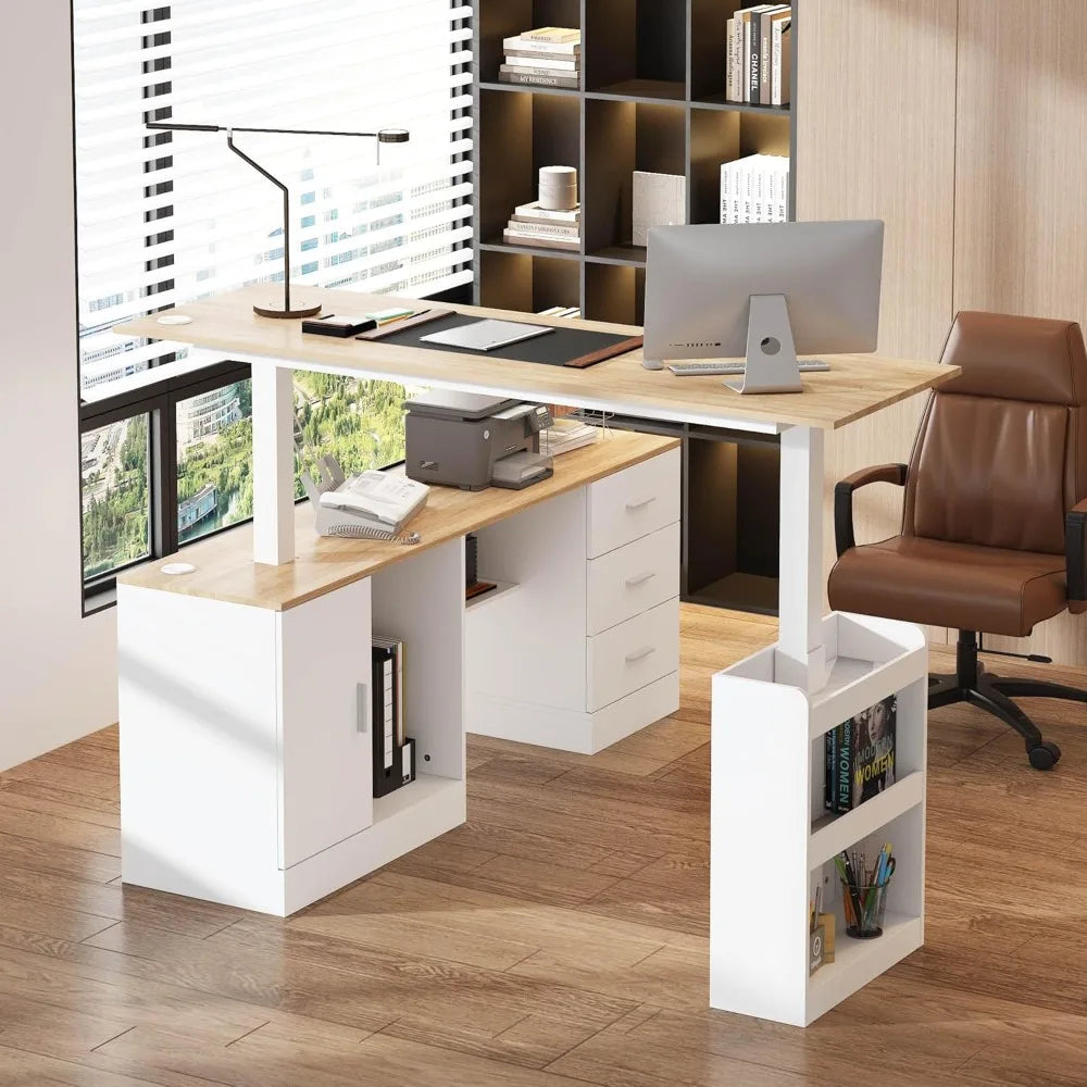 HUANZHUANG Electric Standing Desk With Drawers L Shaped Computer Desk