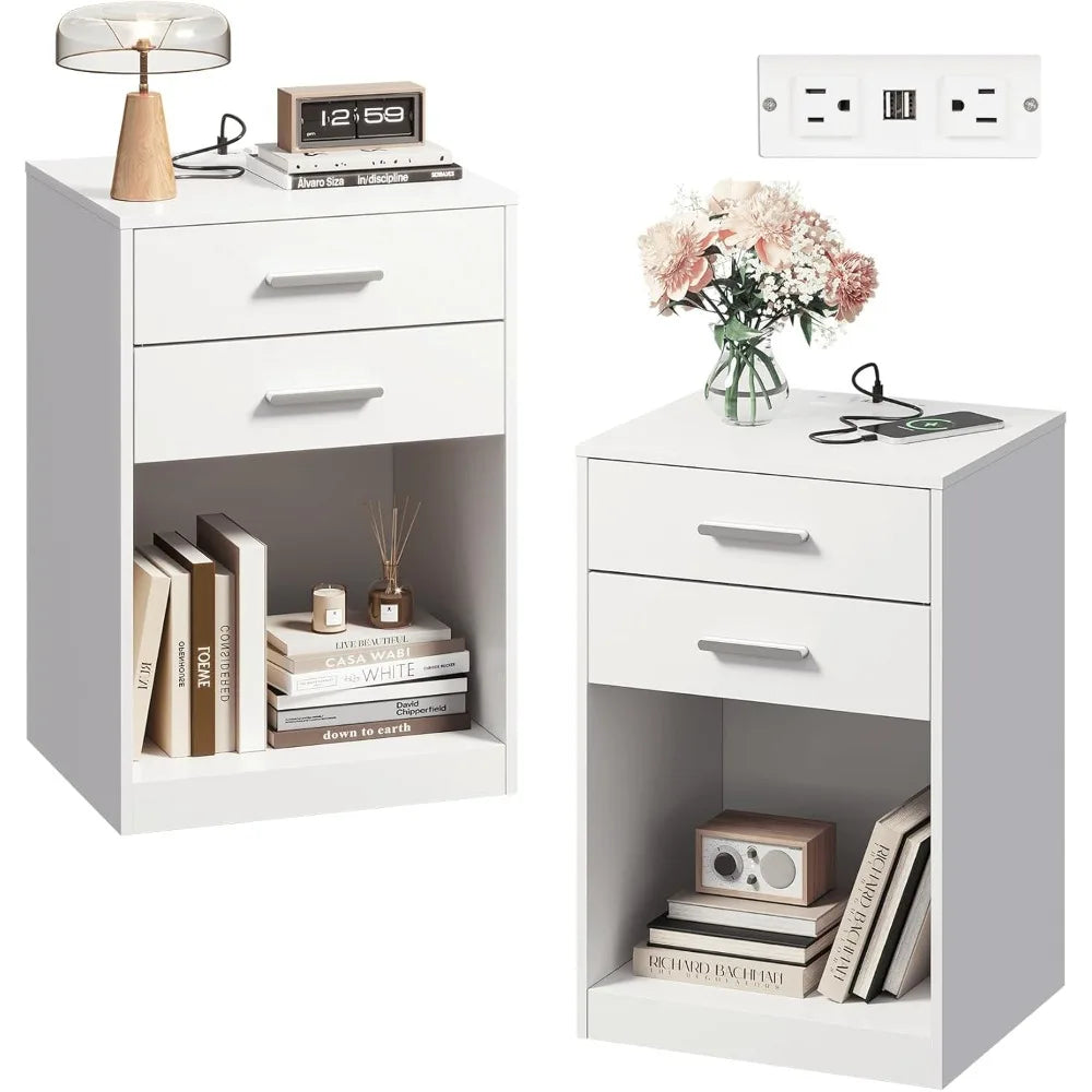 Nightstand Set of 2 With Charging Station and Drawers