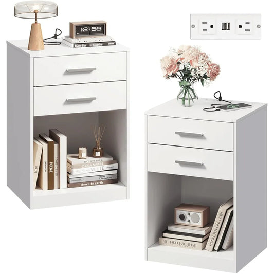 Nightstand Set of 2 With Charging Station and Drawers