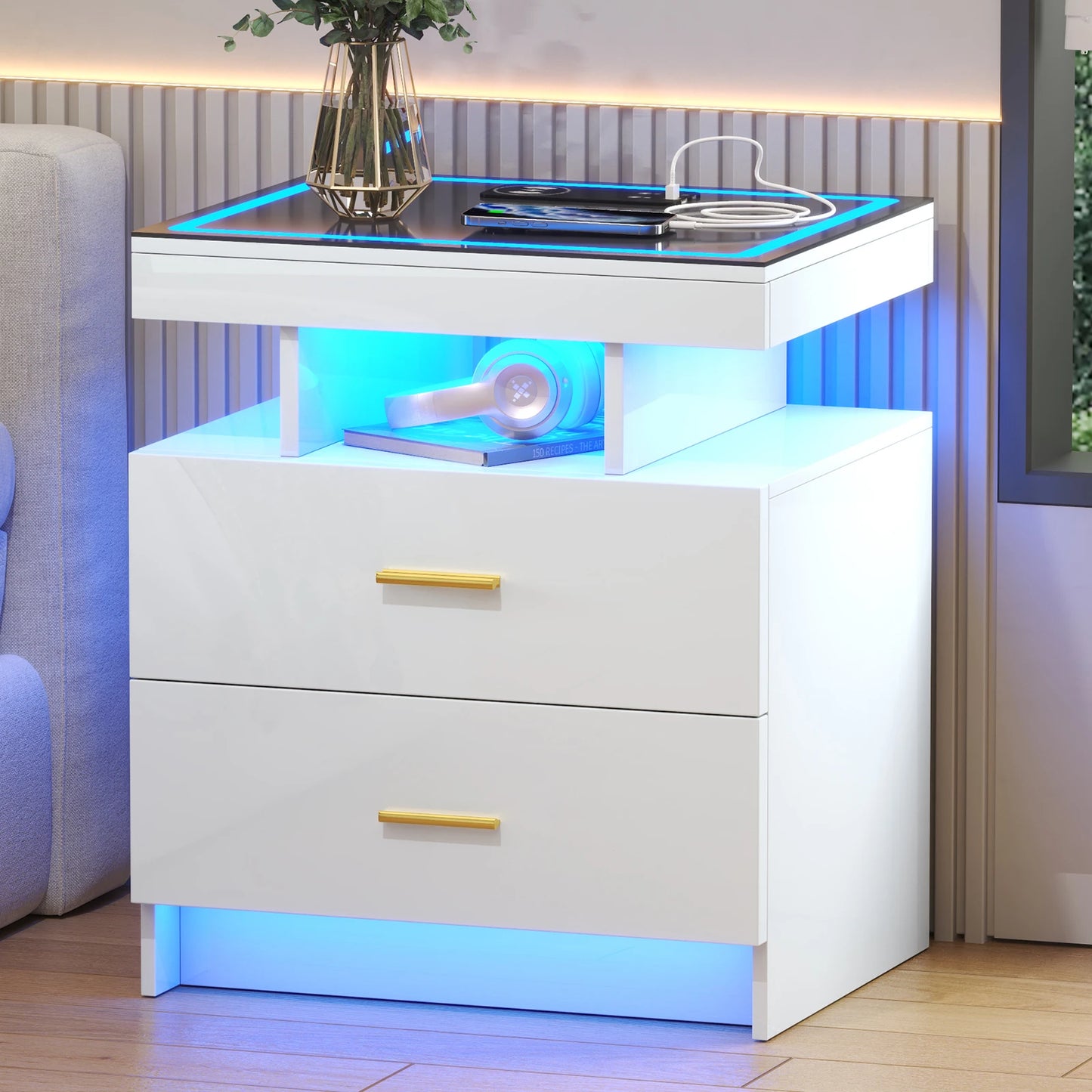 JDPAG LED Nightstand With Wireless Charging Two Drawers