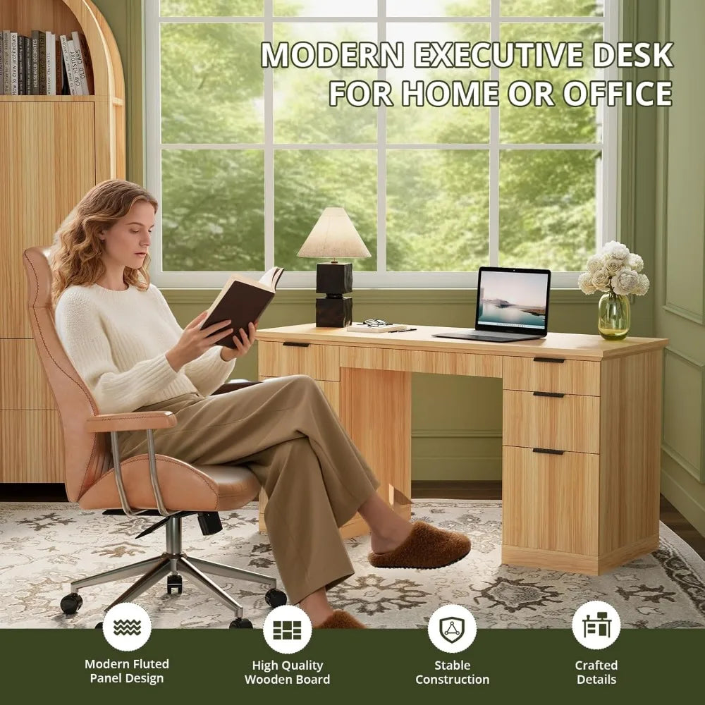 ZHUOTING Fluted Modern Executive Desk With File Cabinet Drawers