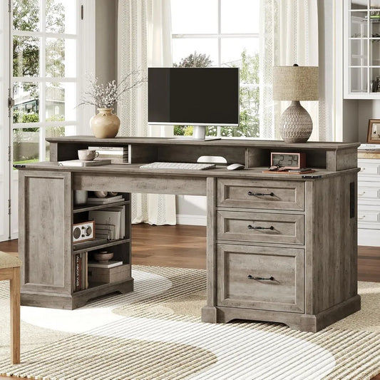 ANGDUO Farmhouse Executive Desk With Drawers And File Cabinet