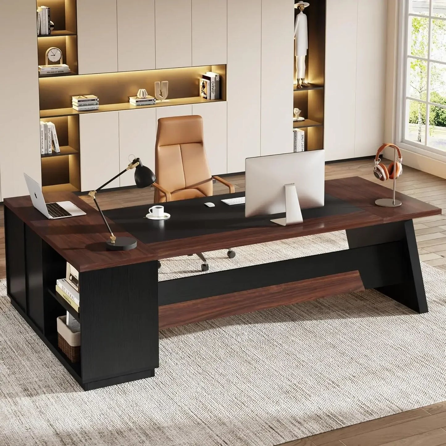 XMSJ L Shaped Executive Desk With Storage Shelves System