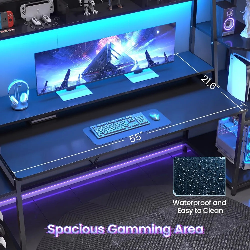 LZJV LED Gaming Desk With Hutch And Storage Shelves