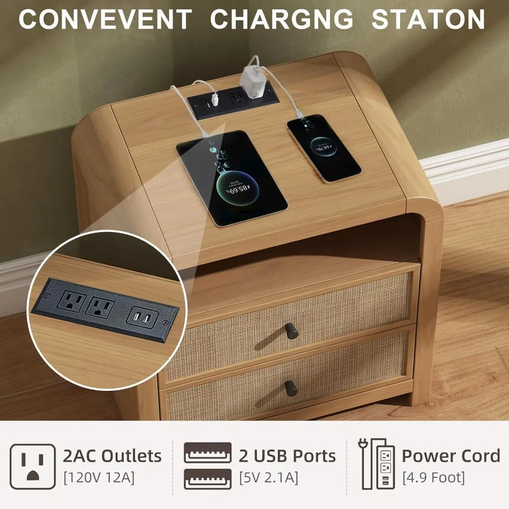 ANGDUO Rattan Nightstand Set of 2 With Charging Station