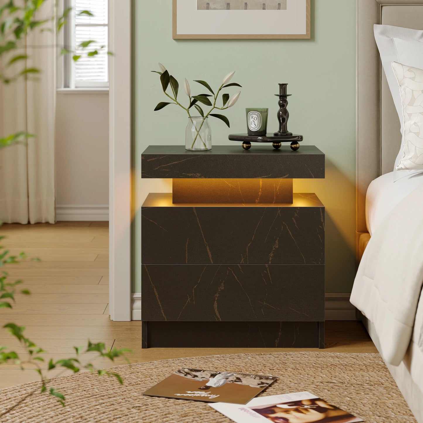 Cubehom LED Nightstand With 2 Drawers For Bedroom Furniture
