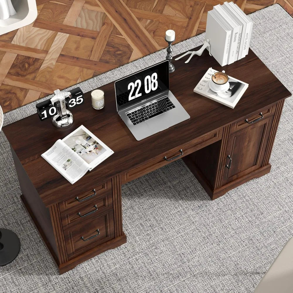 Wooden Executive Desk With Drawers And Storage Cabinet