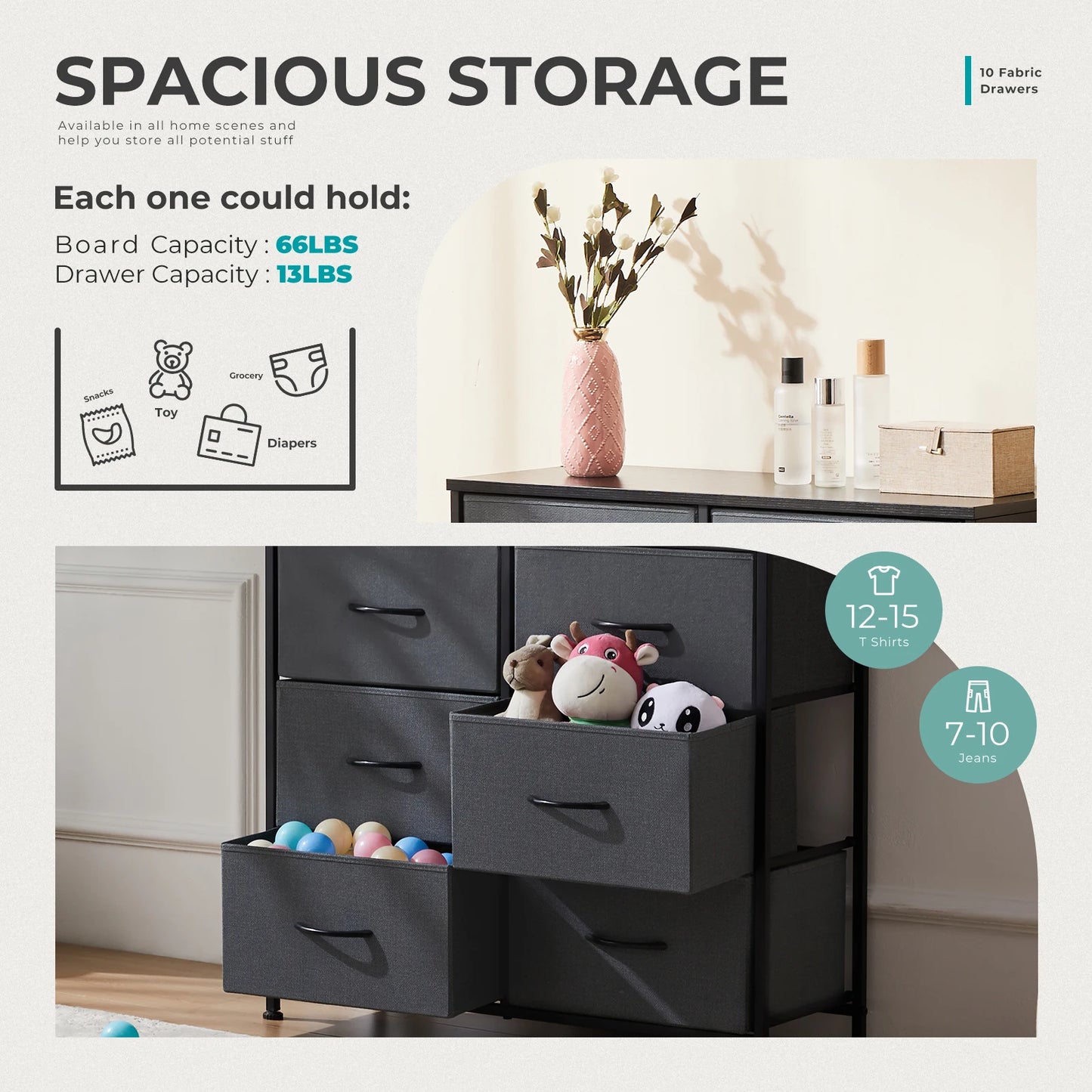 JHK Bedside Table With 10 Fabric Drawers Nightstand Storage Cabinet