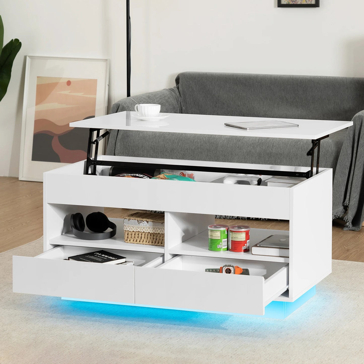 LED Lift Top Coffee Table with RGB Lights 2 Drawers USB Power Versatile Storage Compartment Adjustable Height Living Room Table