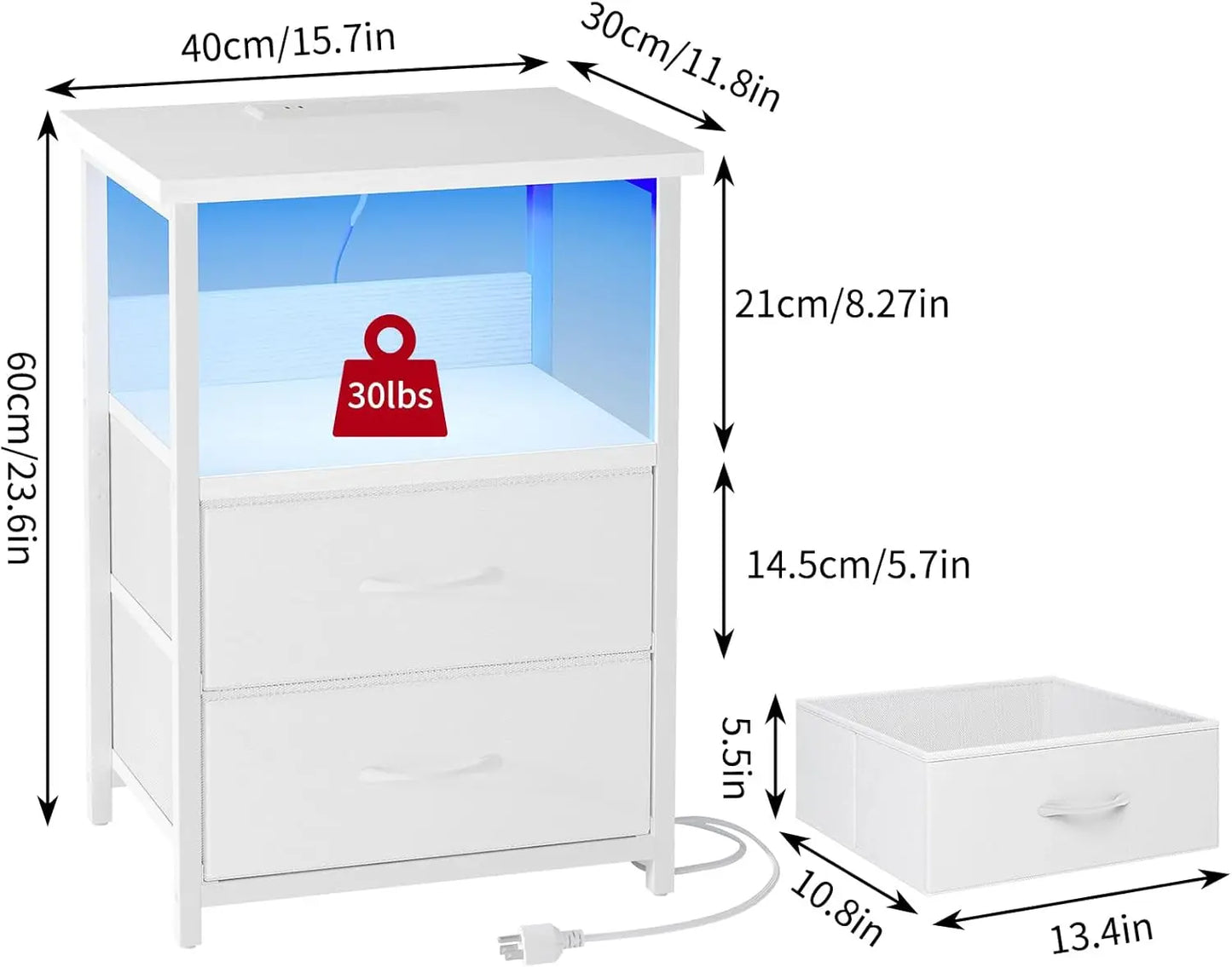 Drawer Nightstand Set of 2 With Charging Station LED