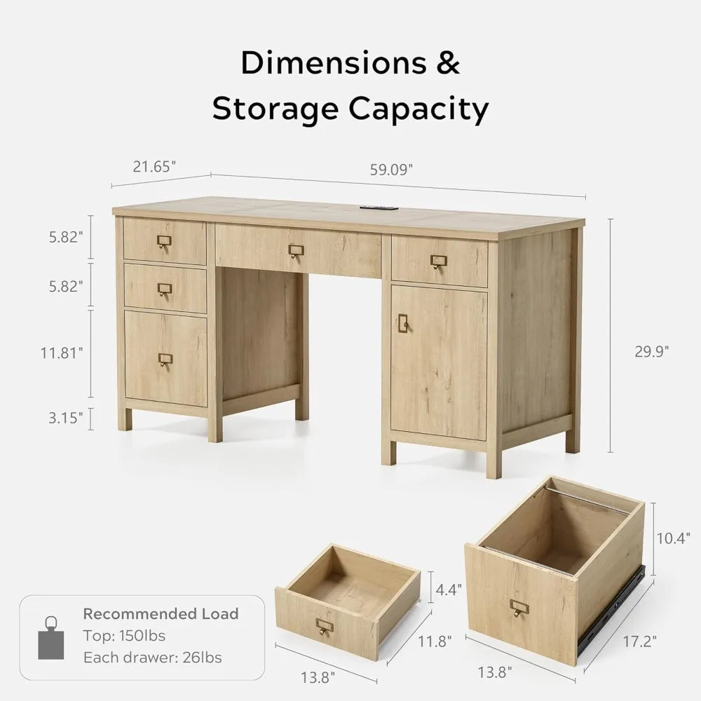 HUANZHUANG Modern Executive Desk With File Drawers And Charging