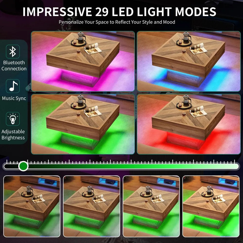 Square LED Coffee Table with 2 Drawers for Modern Living Room