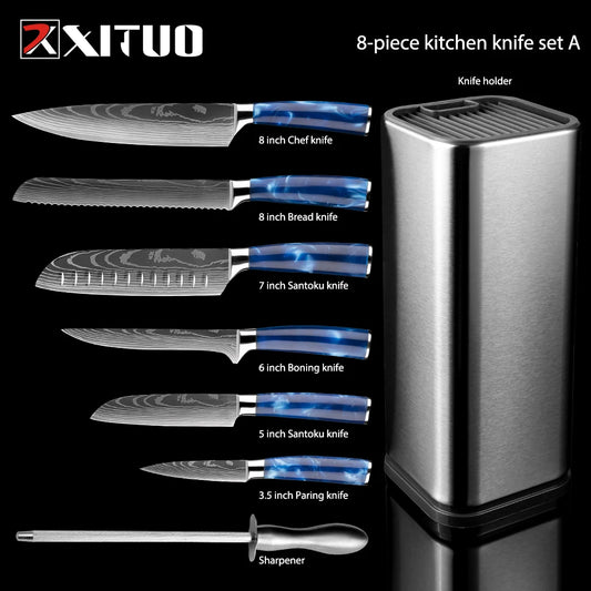 Stainless Steel Kitchen Knife 8PCS Set Blue Resin Handle Sharp Slicer Cleaver knife Damascus Laser Pattern With Knife Holder