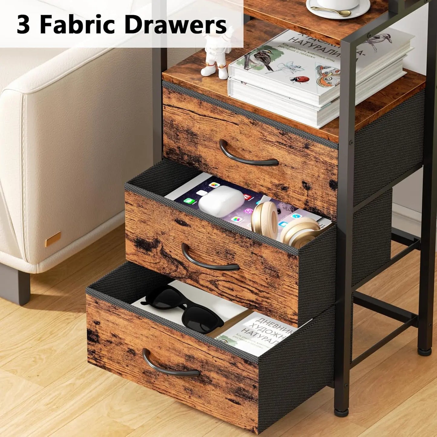 Drawer Nightstand With Shelves Fabric Drawers And Charging Station