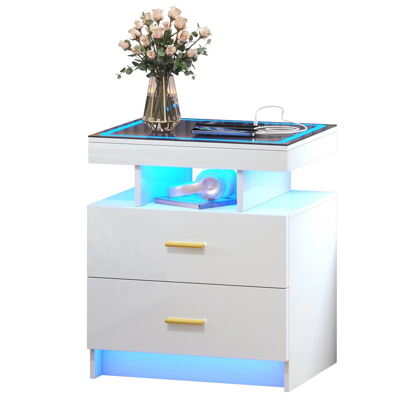 JDPAG LED Nightstand With Wireless Charging Two Drawers