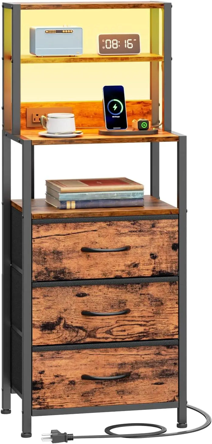 Drawer Nightstand With Shelves Fabric Drawers And Charging Station