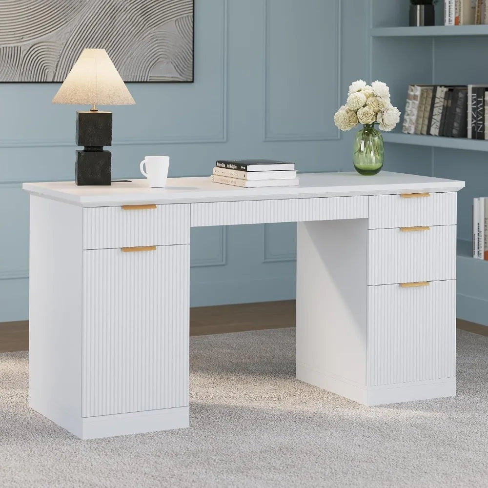 ZHUOTING Fluted Modern Executive Desk With File Cabinet Drawers