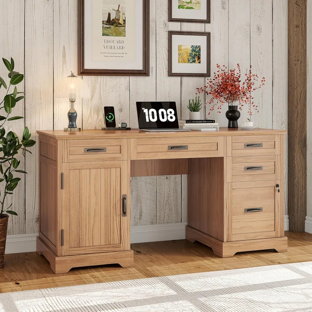 RBXC Farmhouse Style Desk With Drawers And File Cabinet