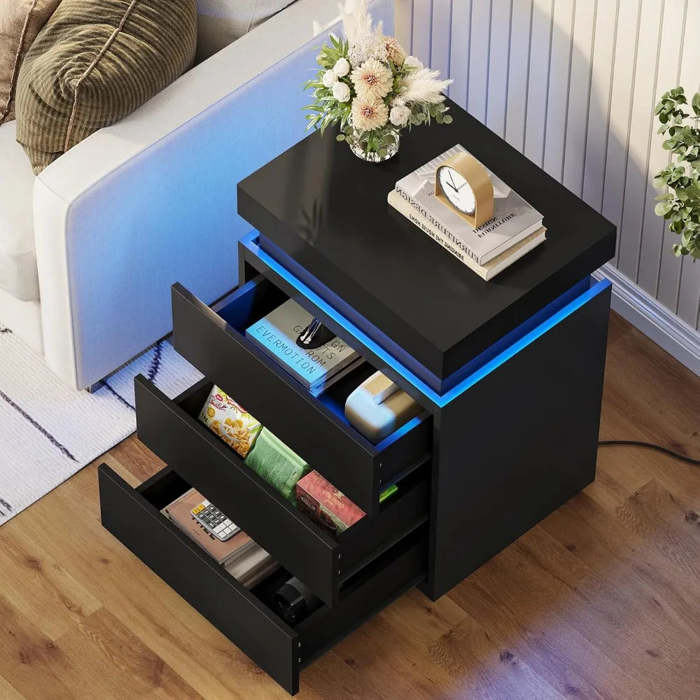 Modern Nightstand With Charging Station And LED Lights