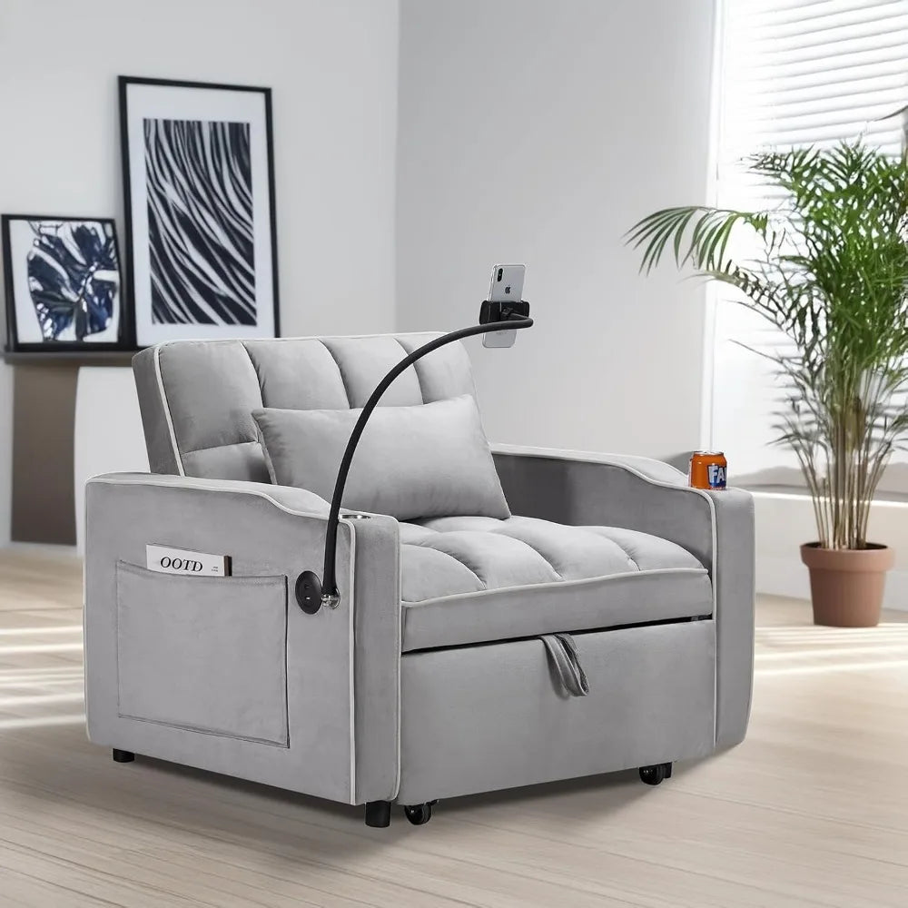 3 in 1 Convertible Sleeper Chair Bed with USB Ports, Cup Holder and Phone Stand, Velvet Pull Out Futon Sofa Beds, Adjustable Bac