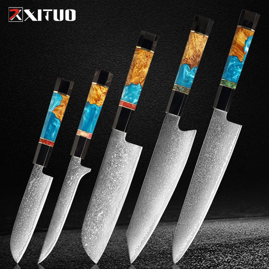 XITUO Damascus Steel Knife Set 1-5Pcs,Japanese Chef Knife,Super Sharp Kitchen Knives with Black Cow Horn Octagonal Handle