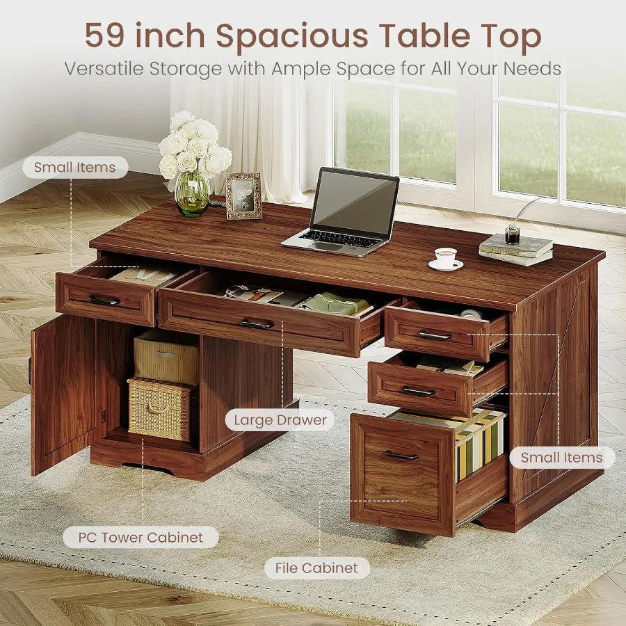 Hign-concerned Farmhouse Office Desk With Builtin File Cabinet Drawers