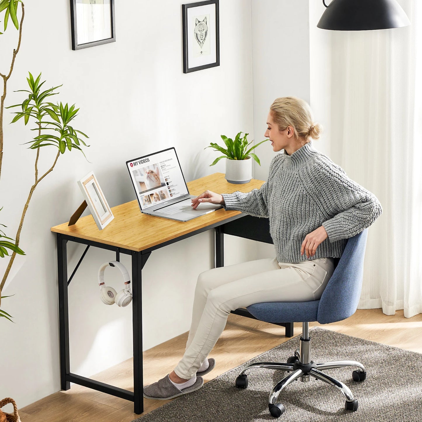 JHK Computer Desk Office Gaming Table with Side Bag Headphone Hook