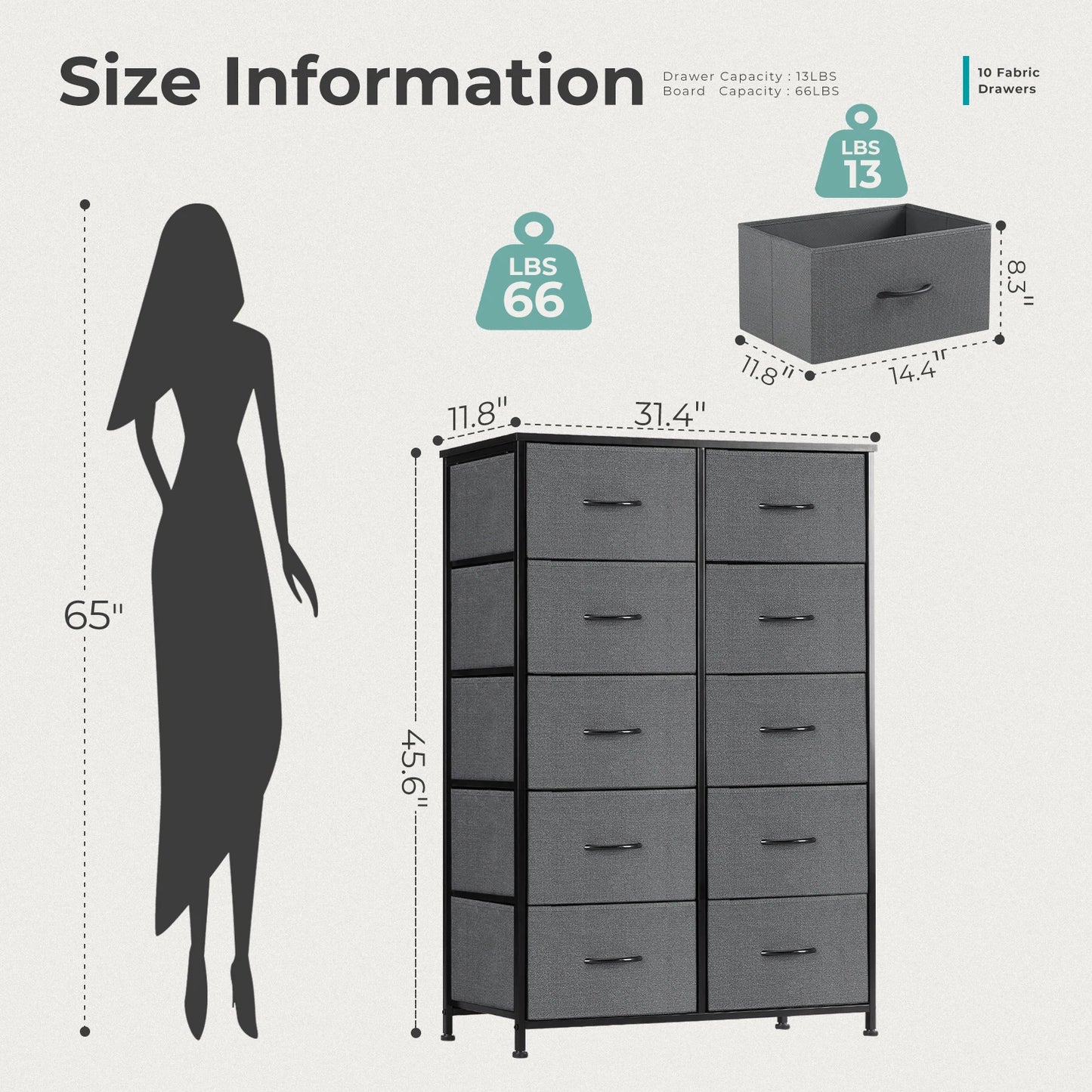 JHK Bedside Table With 10 Fabric Drawers Nightstand Storage Cabinet