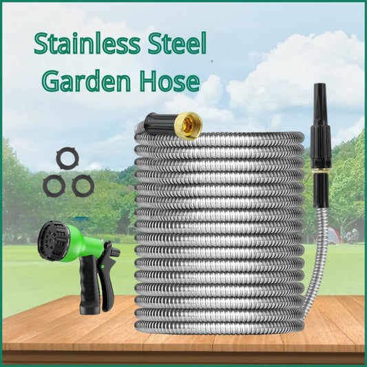 100FT 304 Stainless Steel Garden Hose Metal Heavy Duty Water Hoses with Nozzles for Yard Outdoor  Flexible Never Kink & Tangle