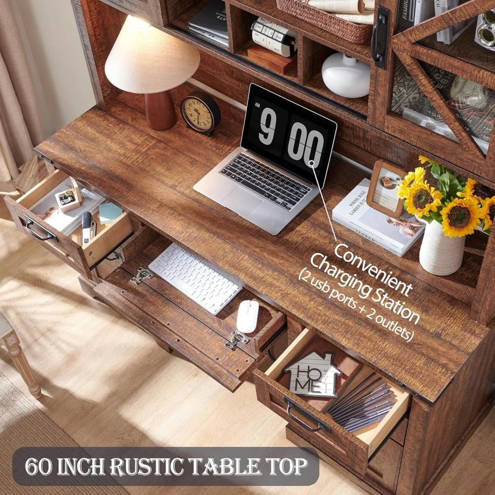 Barnwood Executive Desk With Hutch And Charging Station