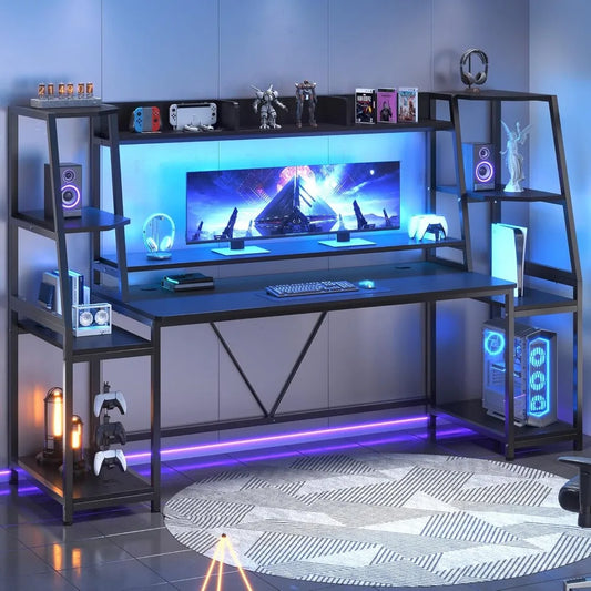 LZJV LED Gaming Desk With Hutch And Storage Shelves