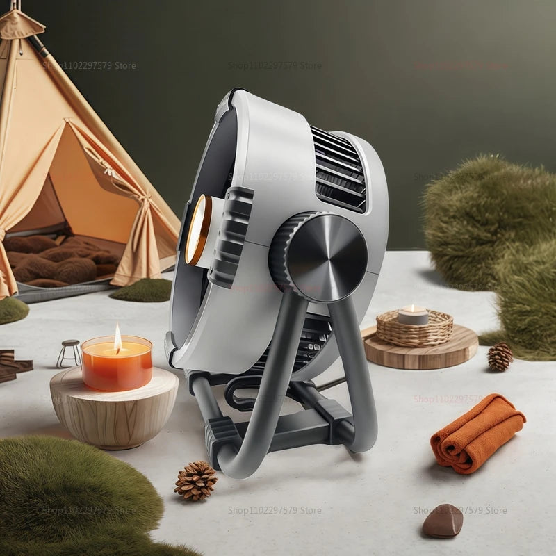 6-in-1 camping fan 20000mAh rechargeable battery portable outdoor fan 4-speed air circulator with hook LED light for camping