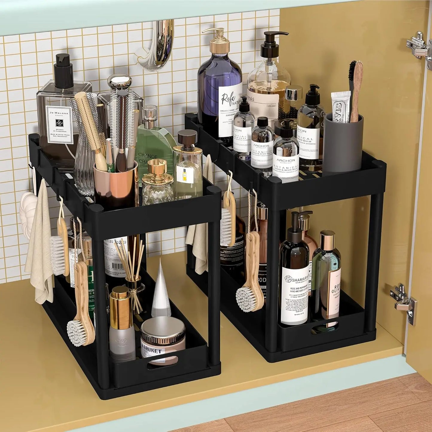 Double-Tier Pull-Out Under-Sink Storage Rack Set for Kitchen and Bathroom