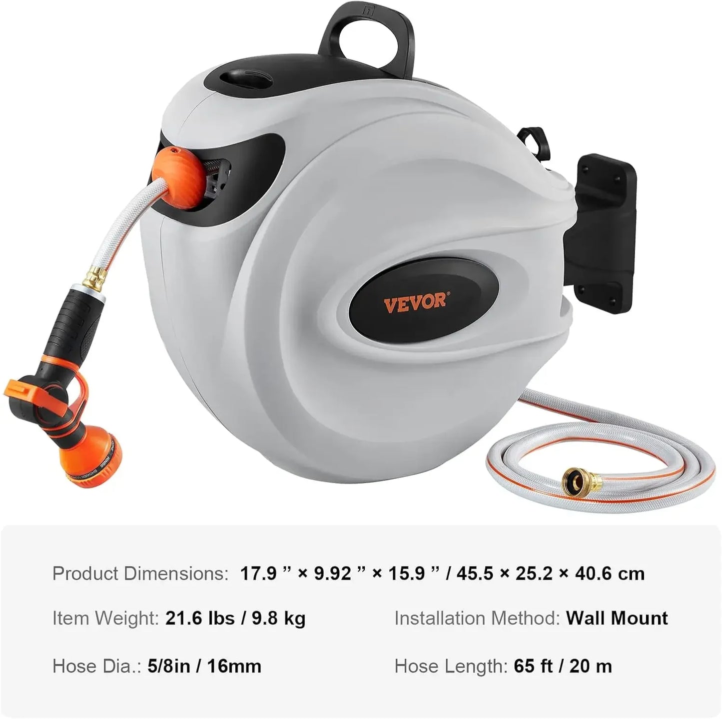 Retractable Hose Reel 65 ft x 5/8 inch Wall-Mounted Garden Hose