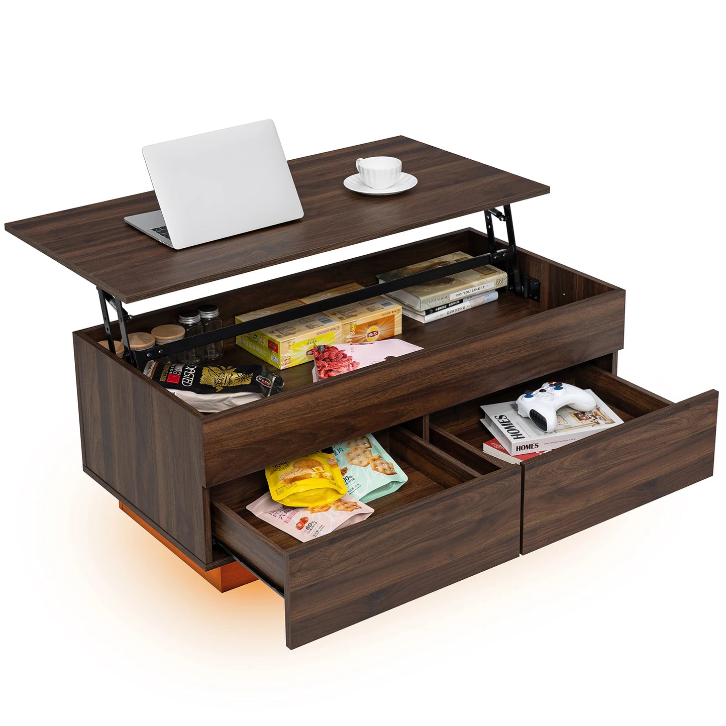 LED Lift Top Coffee Table with RGB Lights 2 Drawers USB Power Versatile Storage Compartment Adjustable Height Living Room Table