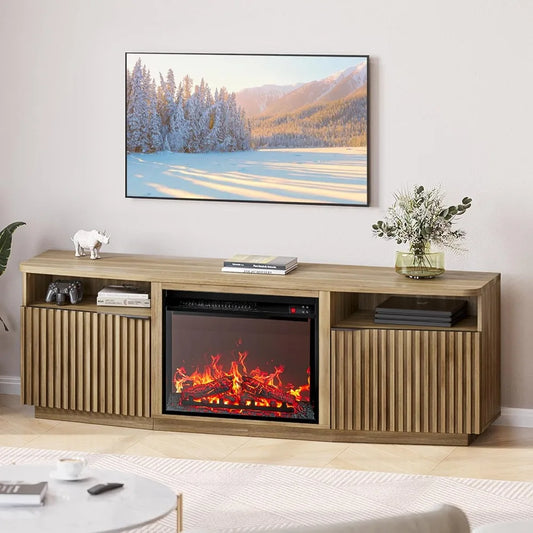 Tv Stand, Fluted Stand with 23" Electric Fireplace Heater with Sound, 68" Entertainment Center for TV Up To 75", Tv Stand