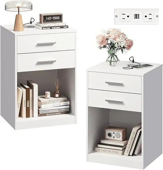 Nightstand Set of 2 With Charging Station and Drawers
